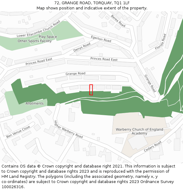 72, GRANGE ROAD, TORQUAY, TQ1 1LF: Location map and indicative extent of plot