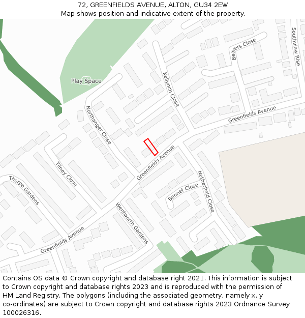 72, GREENFIELDS AVENUE, ALTON, GU34 2EW: Location map and indicative extent of plot