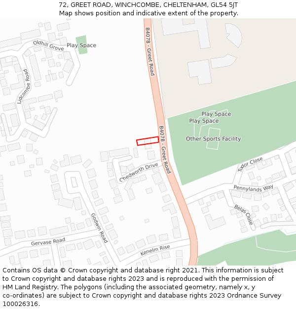 72, GREET ROAD, WINCHCOMBE, CHELTENHAM, GL54 5JT: Location map and indicative extent of plot