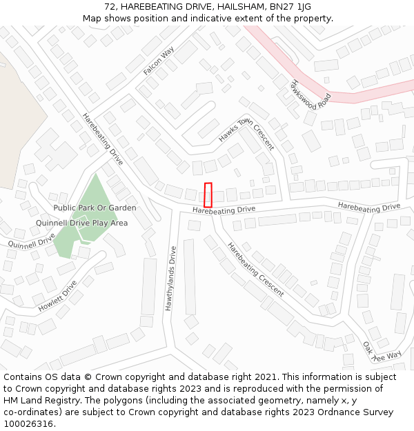 72, HAREBEATING DRIVE, HAILSHAM, BN27 1JG: Location map and indicative extent of plot