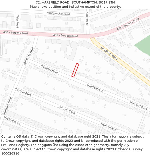 72, HAREFIELD ROAD, SOUTHAMPTON, SO17 3TH: Location map and indicative extent of plot