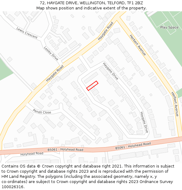 72, HAYGATE DRIVE, WELLINGTON, TELFORD, TF1 2BZ: Location map and indicative extent of plot