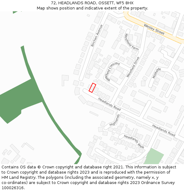 72, HEADLANDS ROAD, OSSETT, WF5 8HX: Location map and indicative extent of plot