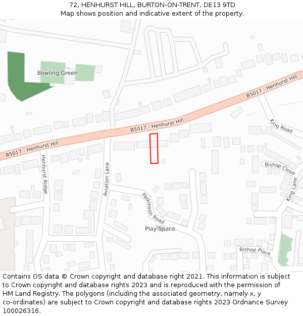 72, HENHURST HILL, BURTON-ON-TRENT, DE13 9TD: Location map and indicative extent of plot