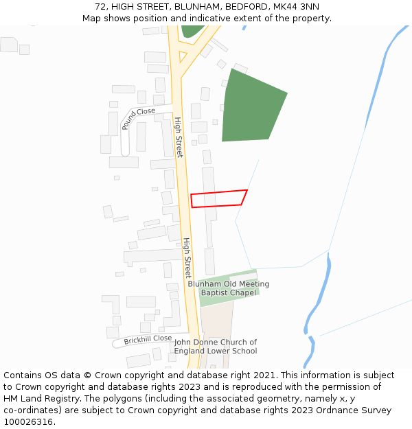 72, HIGH STREET, BLUNHAM, BEDFORD, MK44 3NN: Location map and indicative extent of plot
