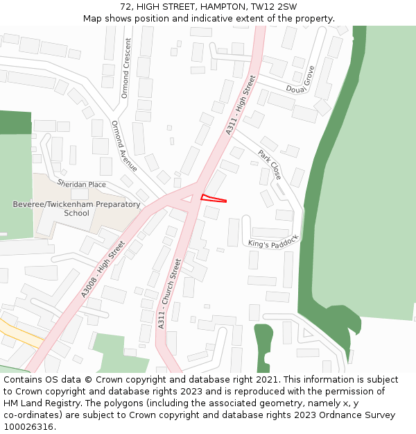 72, HIGH STREET, HAMPTON, TW12 2SW: Location map and indicative extent of plot