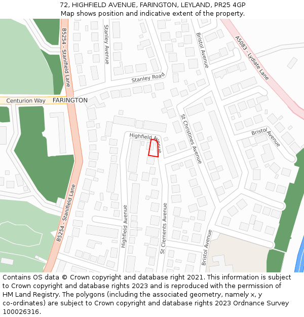 72, HIGHFIELD AVENUE, FARINGTON, LEYLAND, PR25 4GP: Location map and indicative extent of plot