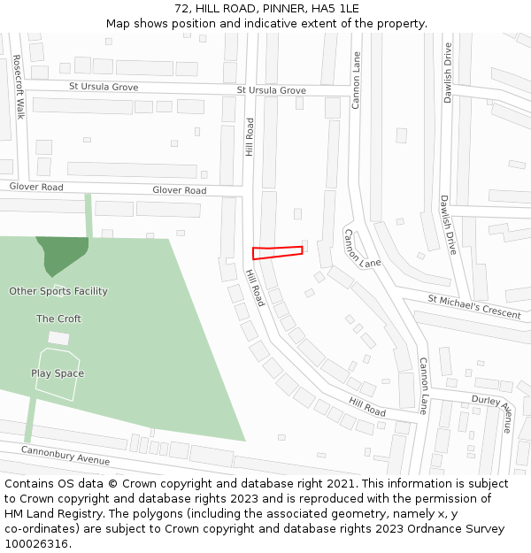 72, HILL ROAD, PINNER, HA5 1LE: Location map and indicative extent of plot