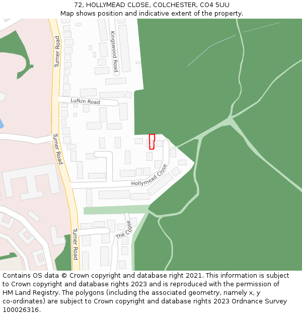 72, HOLLYMEAD CLOSE, COLCHESTER, CO4 5UU: Location map and indicative extent of plot