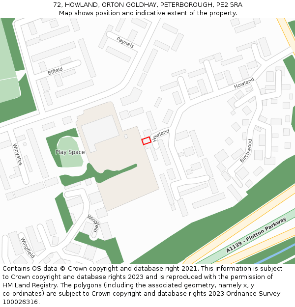72, HOWLAND, ORTON GOLDHAY, PETERBOROUGH, PE2 5RA: Location map and indicative extent of plot