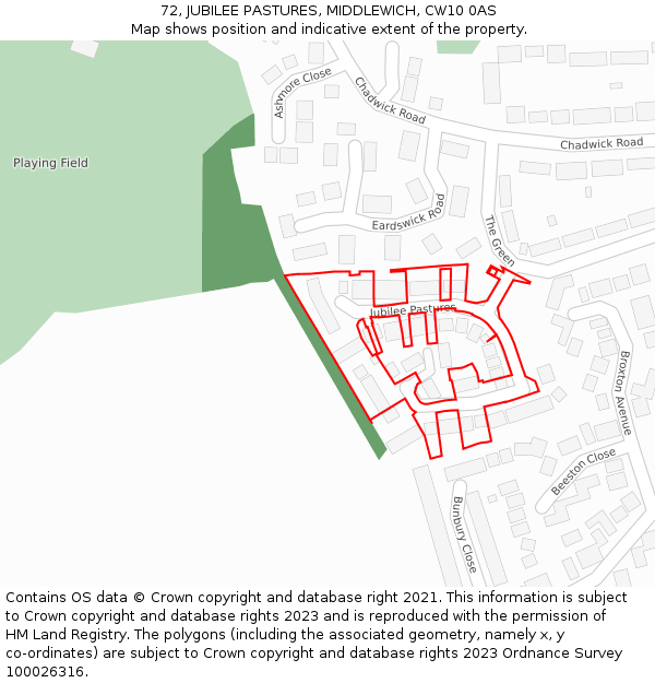 72, JUBILEE PASTURES, MIDDLEWICH, CW10 0AS: Location map and indicative extent of plot