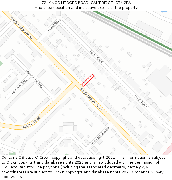 72, KINGS HEDGES ROAD, CAMBRIDGE, CB4 2PA: Location map and indicative extent of plot