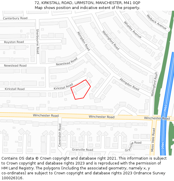 72, KIRKSTALL ROAD, URMSTON, MANCHESTER, M41 0QP: Location map and indicative extent of plot