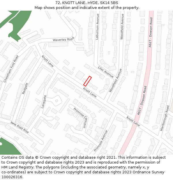 72, KNOTT LANE, HYDE, SK14 5BS: Location map and indicative extent of plot