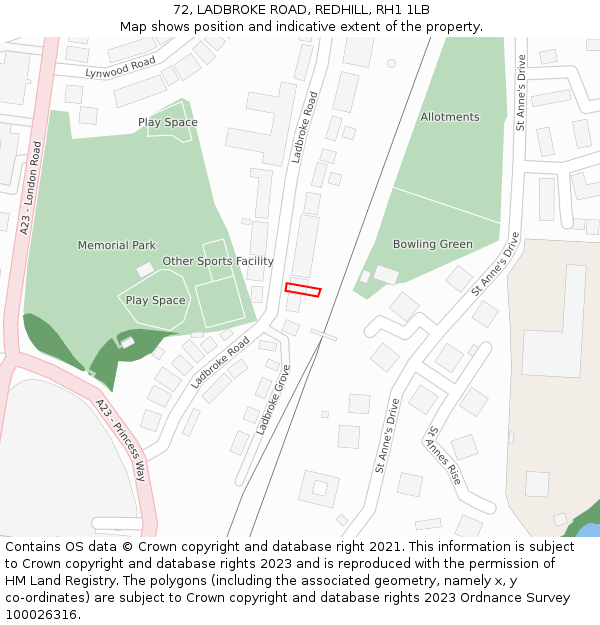 72, LADBROKE ROAD, REDHILL, RH1 1LB: Location map and indicative extent of plot