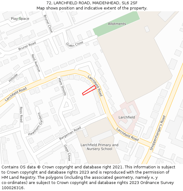 72, LARCHFIELD ROAD, MAIDENHEAD, SL6 2SF: Location map and indicative extent of plot