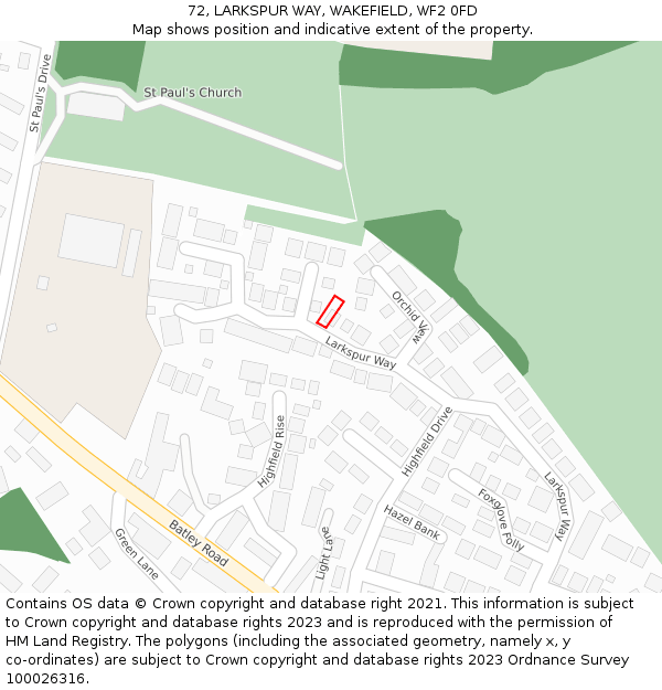 72, LARKSPUR WAY, WAKEFIELD, WF2 0FD: Location map and indicative extent of plot