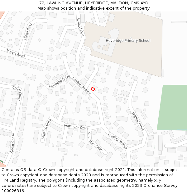 72, LAWLING AVENUE, HEYBRIDGE, MALDON, CM9 4YD: Location map and indicative extent of plot
