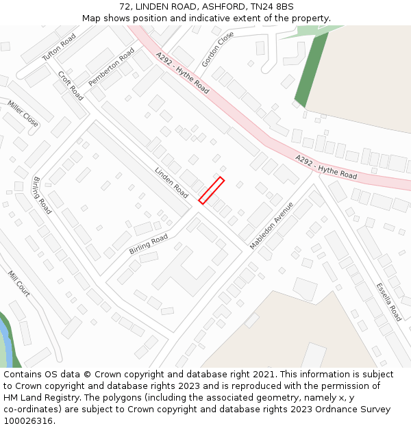 72, LINDEN ROAD, ASHFORD, TN24 8BS: Location map and indicative extent of plot