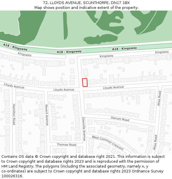 72, LLOYDS AVENUE, SCUNTHORPE, DN17 1BX: Location map and indicative extent of plot