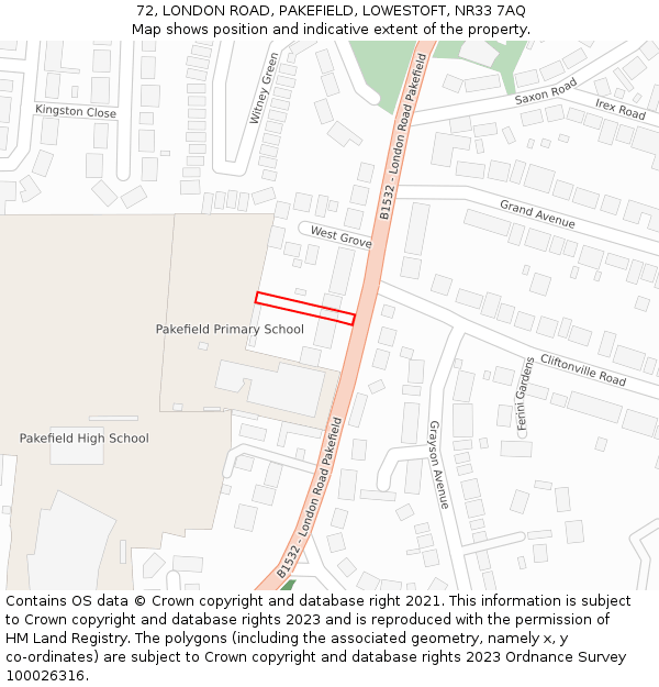 72, LONDON ROAD, PAKEFIELD, LOWESTOFT, NR33 7AQ: Location map and indicative extent of plot