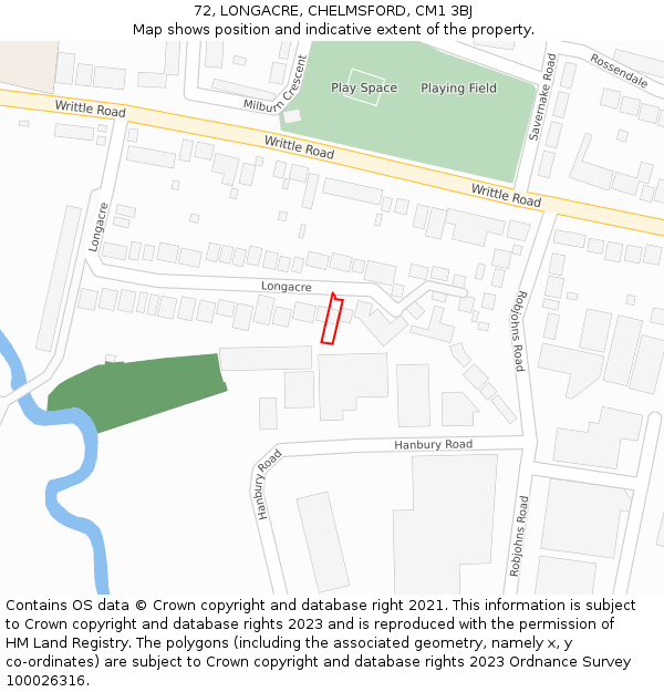 72, LONGACRE, CHELMSFORD, CM1 3BJ: Location map and indicative extent of plot