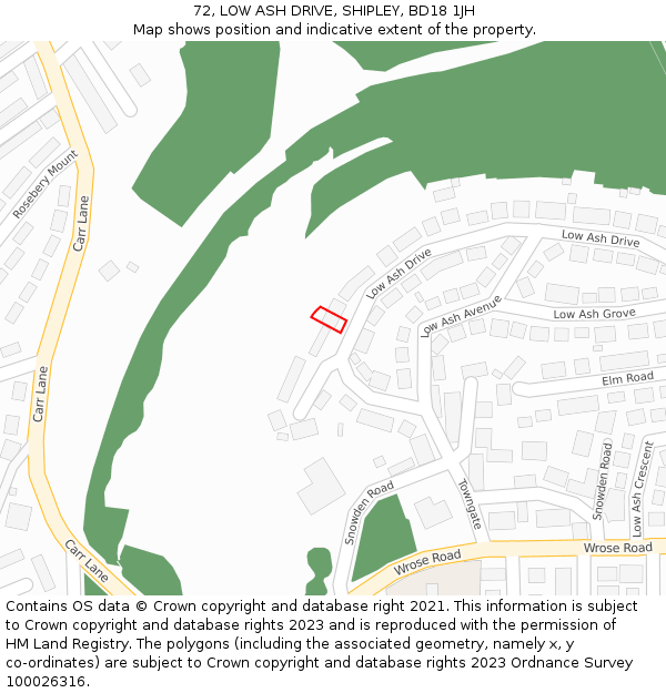 72, LOW ASH DRIVE, SHIPLEY, BD18 1JH: Location map and indicative extent of plot
