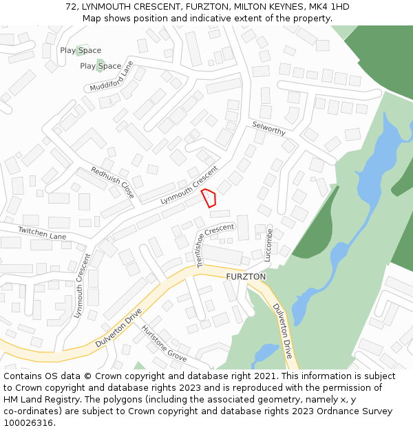 72, LYNMOUTH CRESCENT, FURZTON, MILTON KEYNES, MK4 1HD: Location map and indicative extent of plot