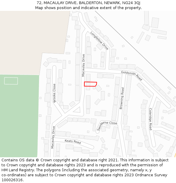 72, MACAULAY DRIVE, BALDERTON, NEWARK, NG24 3QJ: Location map and indicative extent of plot