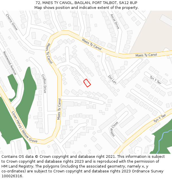 72, MAES TY CANOL, BAGLAN, PORT TALBOT, SA12 8UP: Location map and indicative extent of plot