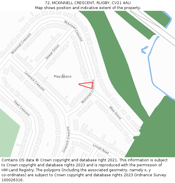 72, MCKINNELL CRESCENT, RUGBY, CV21 4AU: Location map and indicative extent of plot