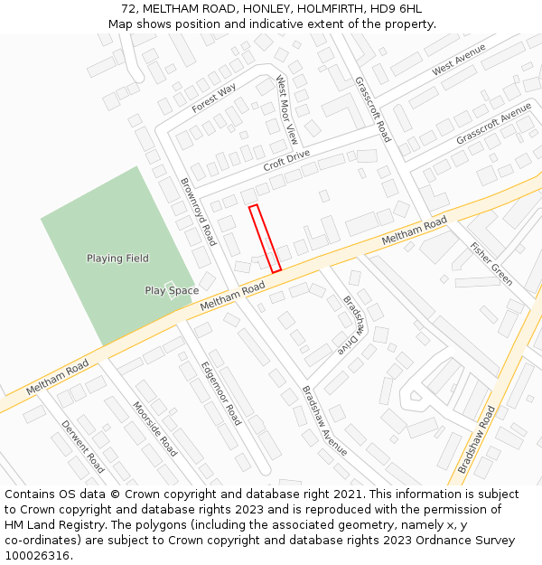 72, MELTHAM ROAD, HONLEY, HOLMFIRTH, HD9 6HL: Location map and indicative extent of plot