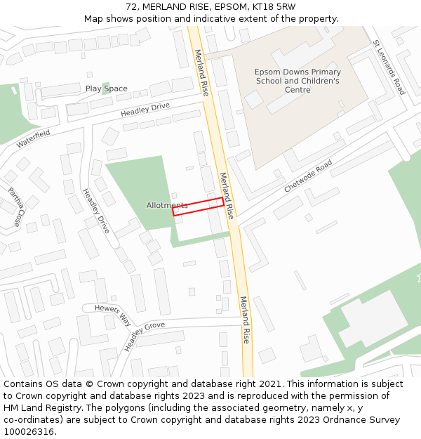 72, MERLAND RISE, EPSOM, KT18 5RW: Location map and indicative extent of plot