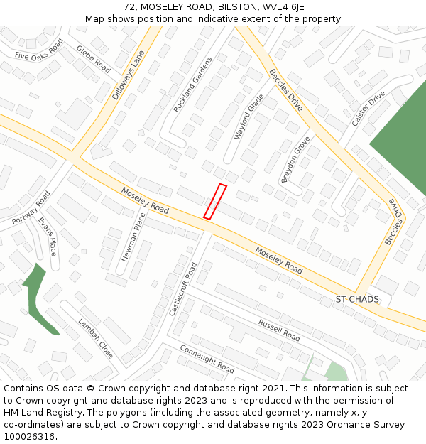 72, MOSELEY ROAD, BILSTON, WV14 6JE: Location map and indicative extent of plot
