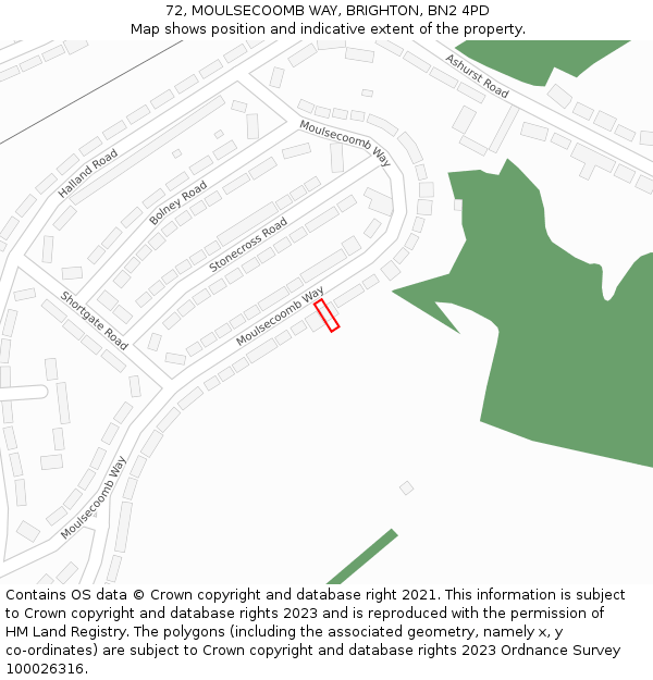 72, MOULSECOOMB WAY, BRIGHTON, BN2 4PD: Location map and indicative extent of plot