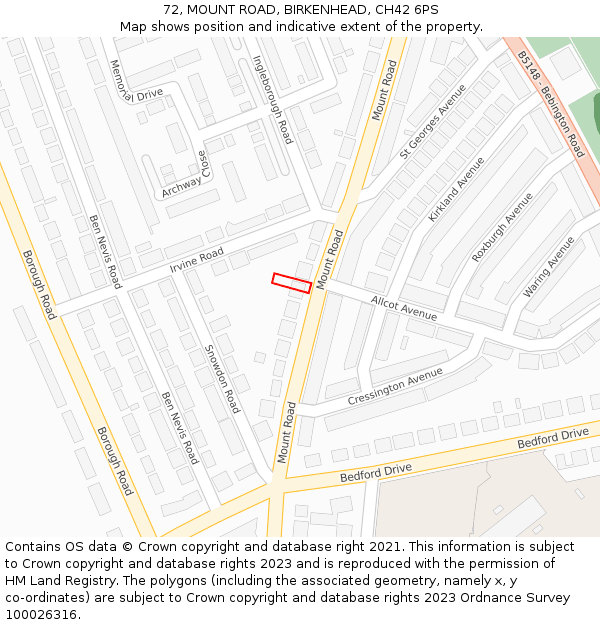 72, MOUNT ROAD, BIRKENHEAD, CH42 6PS: Location map and indicative extent of plot