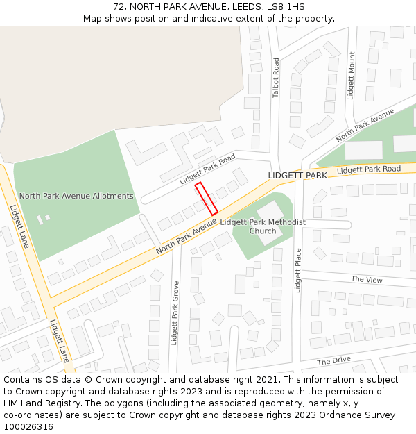 72, NORTH PARK AVENUE, LEEDS, LS8 1HS: Location map and indicative extent of plot