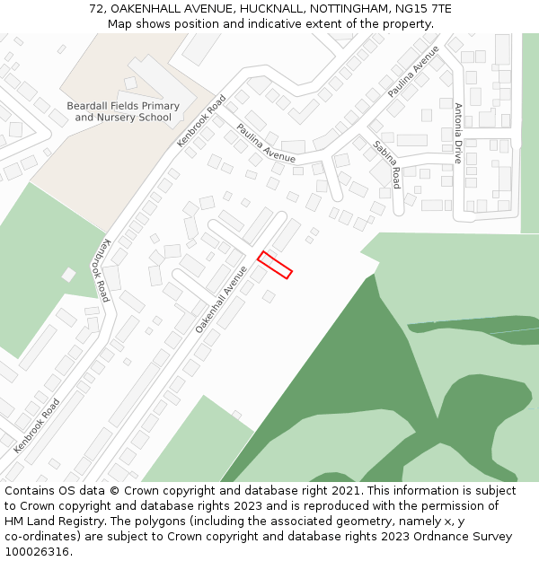 72, OAKENHALL AVENUE, HUCKNALL, NOTTINGHAM, NG15 7TE: Location map and indicative extent of plot