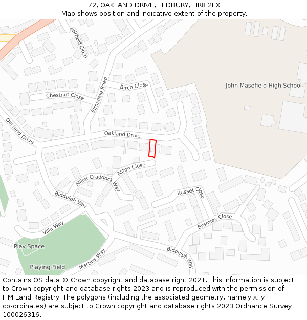 72, OAKLAND DRIVE, LEDBURY, HR8 2EX: Location map and indicative extent of plot
