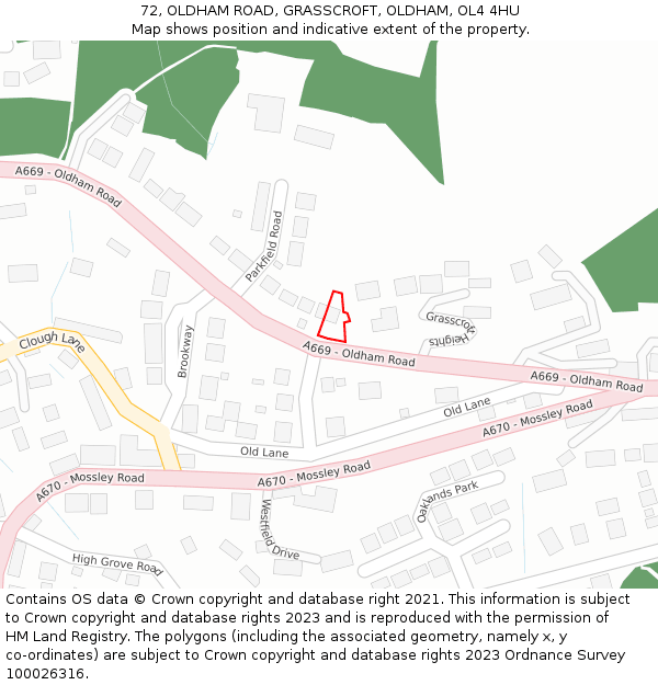 72, OLDHAM ROAD, GRASSCROFT, OLDHAM, OL4 4HU: Location map and indicative extent of plot