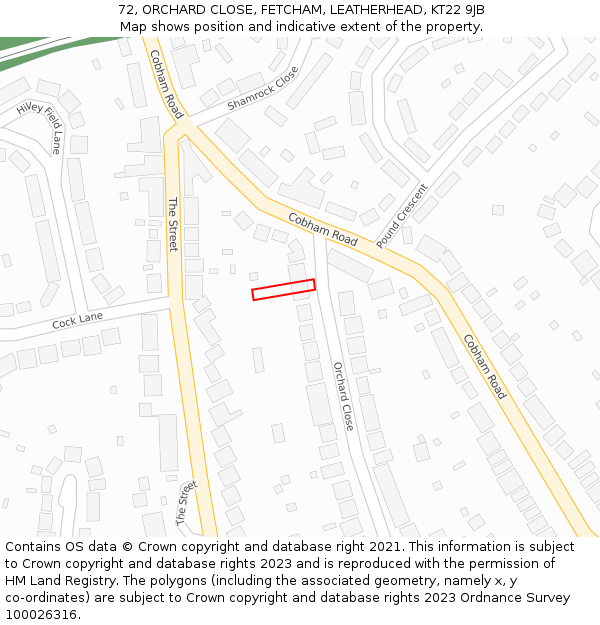 72, ORCHARD CLOSE, FETCHAM, LEATHERHEAD, KT22 9JB: Location map and indicative extent of plot