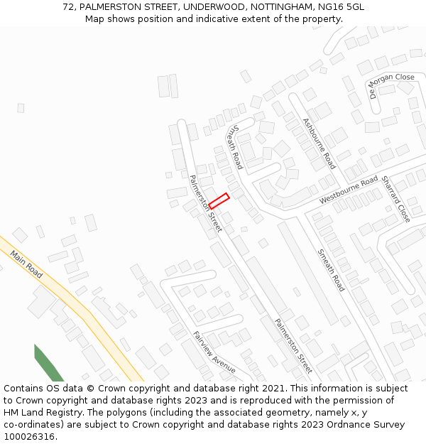 72, PALMERSTON STREET, UNDERWOOD, NOTTINGHAM, NG16 5GL: Location map and indicative extent of plot