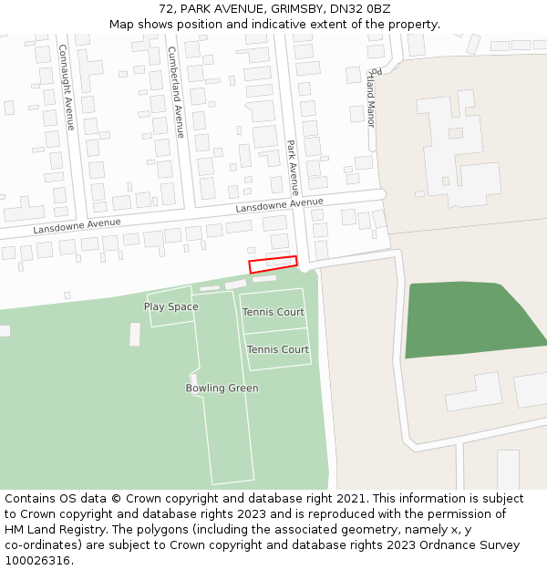 72, PARK AVENUE, GRIMSBY, DN32 0BZ: Location map and indicative extent of plot