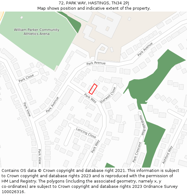 72, PARK WAY, HASTINGS, TN34 2PJ: Location map and indicative extent of plot