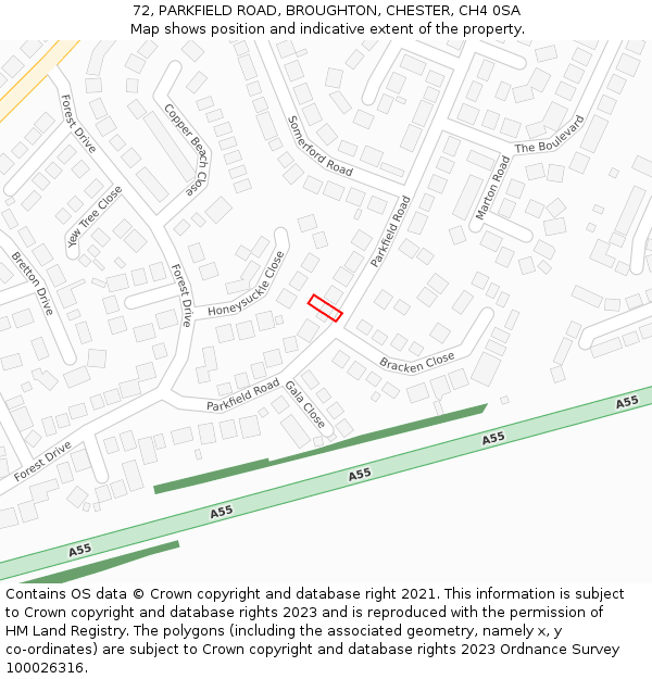 72, PARKFIELD ROAD, BROUGHTON, CHESTER, CH4 0SA: Location map and indicative extent of plot