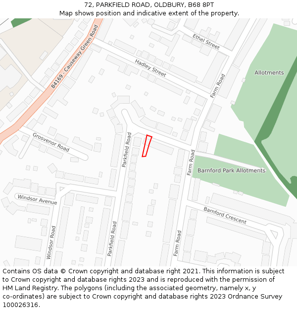 72, PARKFIELD ROAD, OLDBURY, B68 8PT: Location map and indicative extent of plot