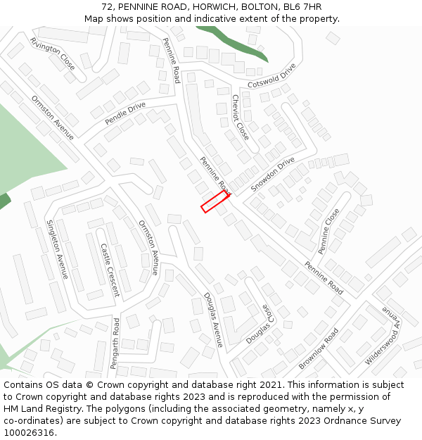 72, PENNINE ROAD, HORWICH, BOLTON, BL6 7HR: Location map and indicative extent of plot