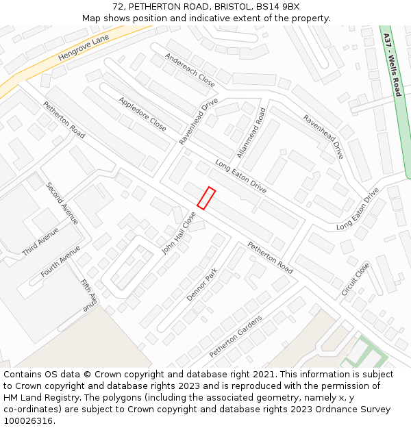 72, PETHERTON ROAD, BRISTOL, BS14 9BX: Location map and indicative extent of plot