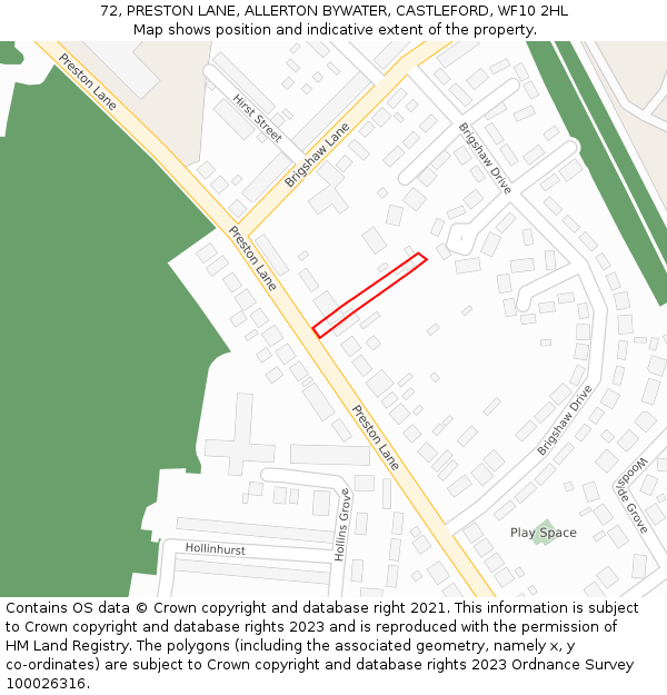 72, PRESTON LANE, ALLERTON BYWATER, CASTLEFORD, WF10 2HL: Location map and indicative extent of plot