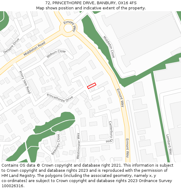 72, PRINCETHORPE DRIVE, BANBURY, OX16 4FS: Location map and indicative extent of plot